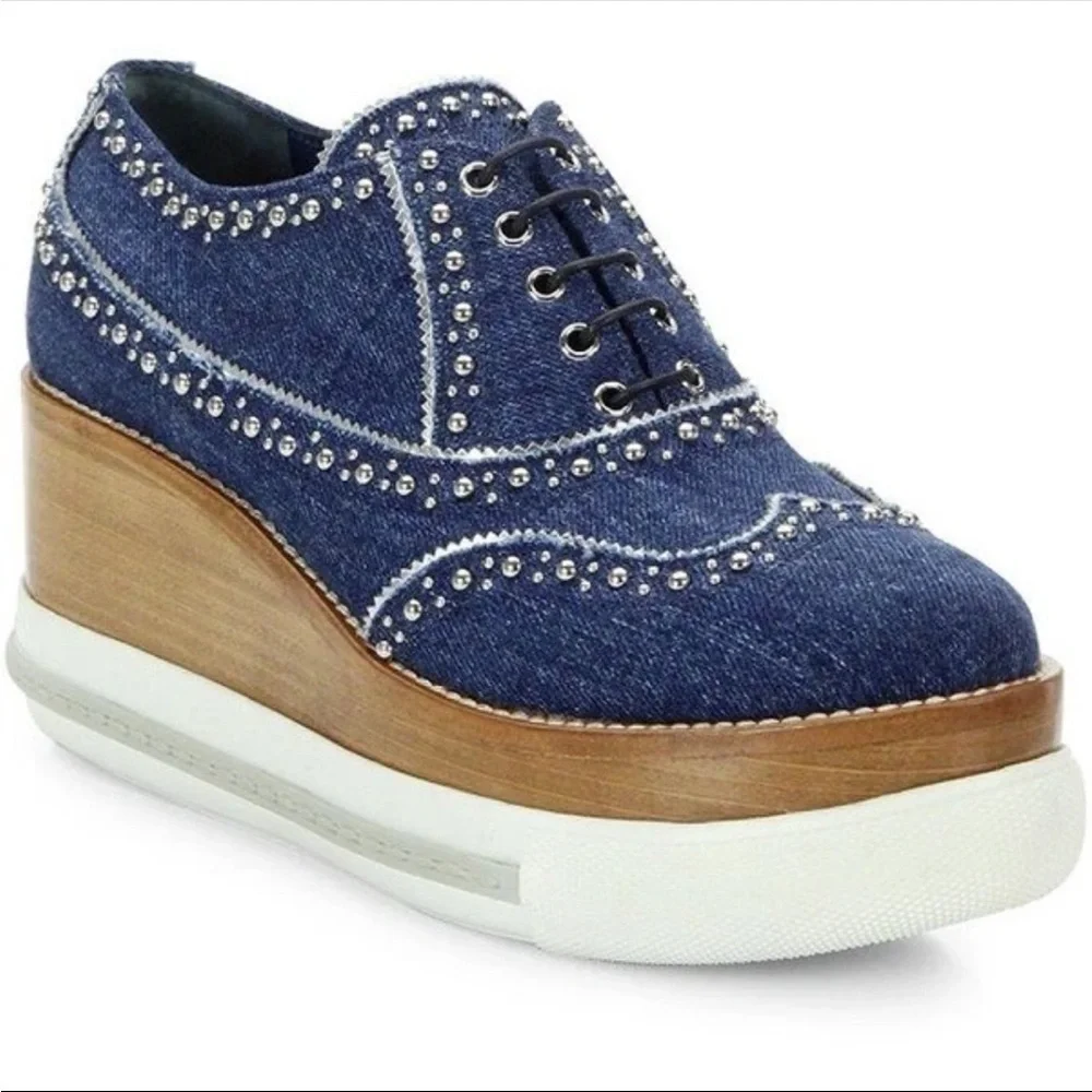 Miu Miu RARE DENIM PLATFORM Studded Wingtip Oxfords SNEAKERS  SHOES 7.5